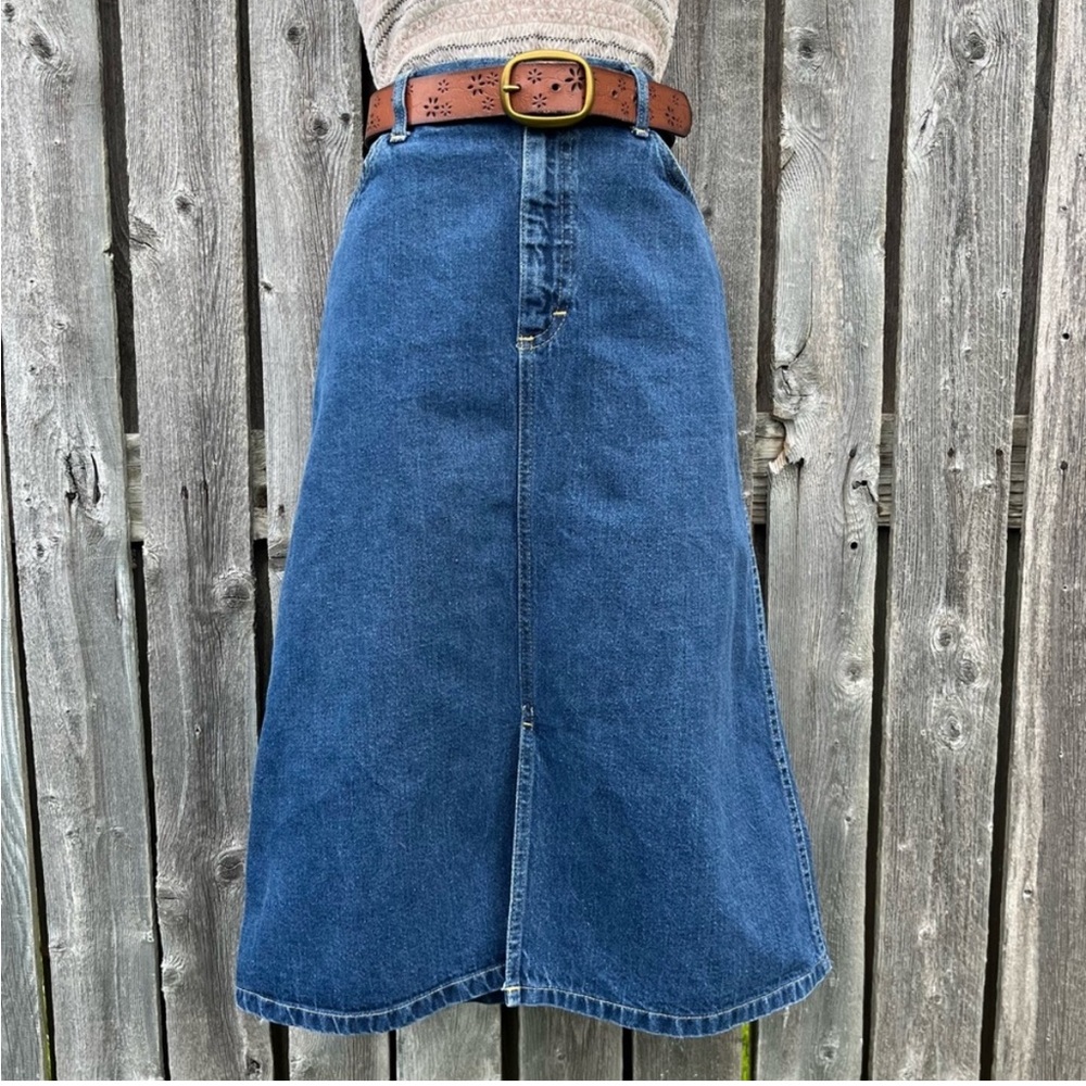 Vintage Lee High Waisted Front Slit Denim Blue Jean Midi Skirt